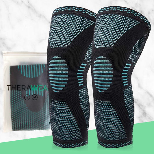 pair of black and teal knee brace compression